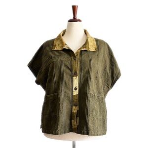 Olive Green Button-Up Women's Top w/ Tie Dye Collar